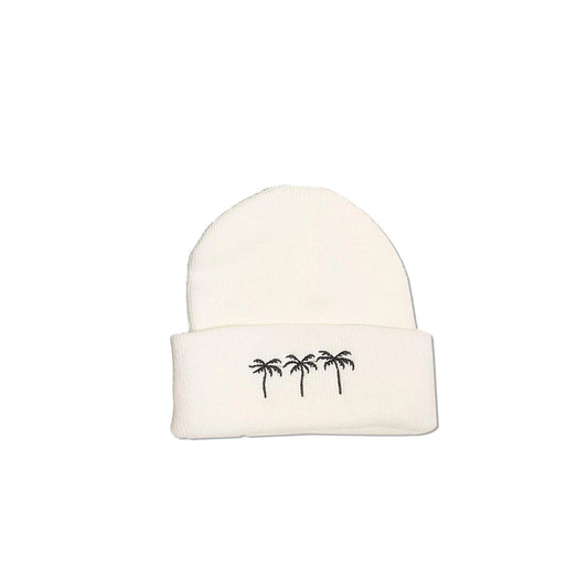 Cream acrylic beanie with black palm tree embroidery from sisterhood store