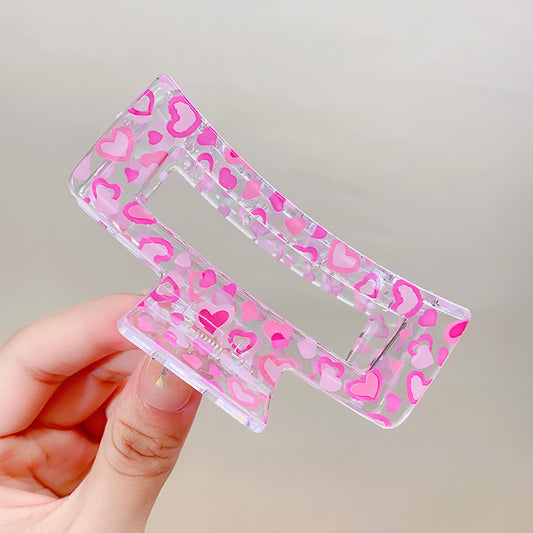 girls clear claw clip with pink love hearts