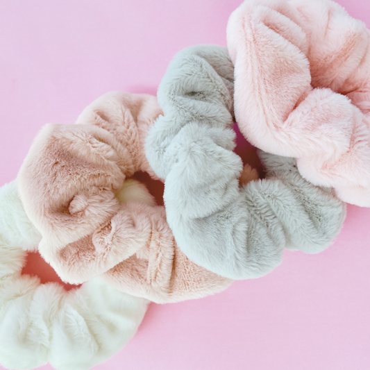 furry scrunchies in pink, grey, taupe and cream