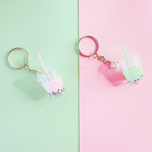mini boba tea keychains in pink and mint