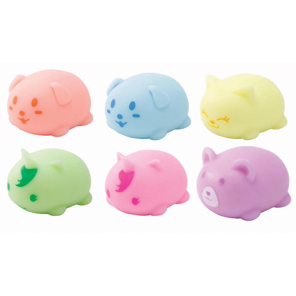 assorted glow in the dark squishy pets in pink, orange, blue, green, yellow and purple